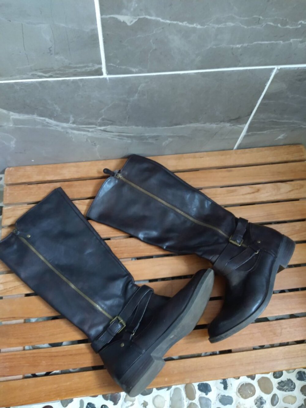 Report Black Tall Knee High Riding Boots Ankle Buckle Strap Womens Size 10